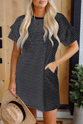 Stripe Ruffled Short Sleeve T Shirt Shift Dress