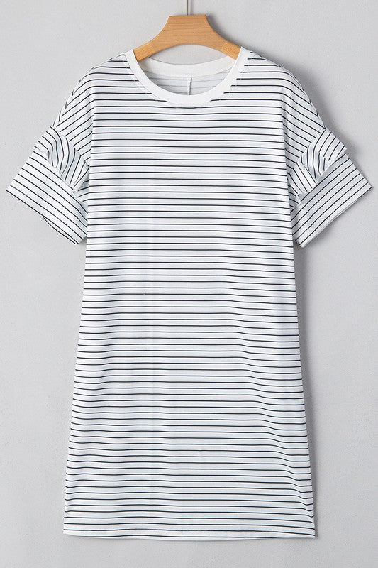 Stripe Ruffled Short Sleeve T Shirt Shift Dress