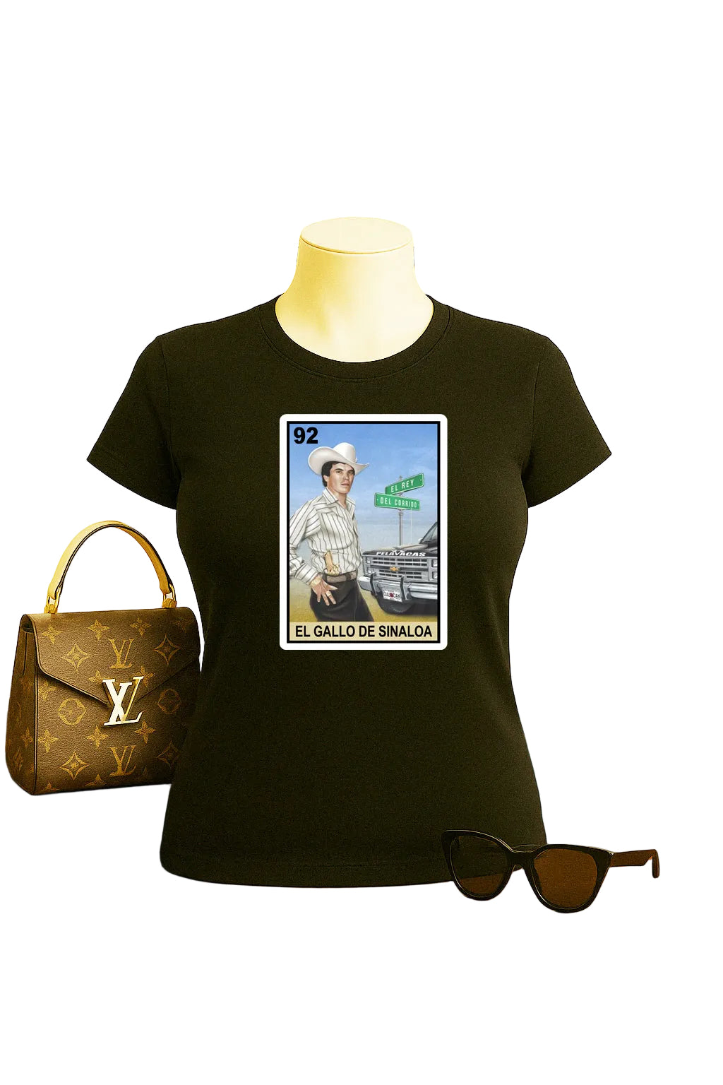 Chalino Sanchez El Gallo De Sinaloa Loteria Mexican Bingo Tarot Card Style Graphic Tee Shirt