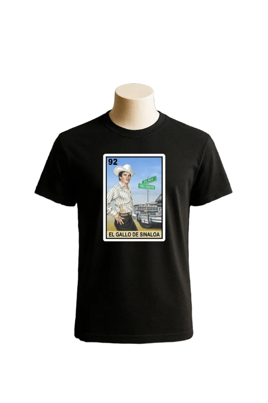 Chalino Sanchez El Gallo De Sinaloa Loteria Mexican Bingo Tarot Card Style Graphic Tee Shirt