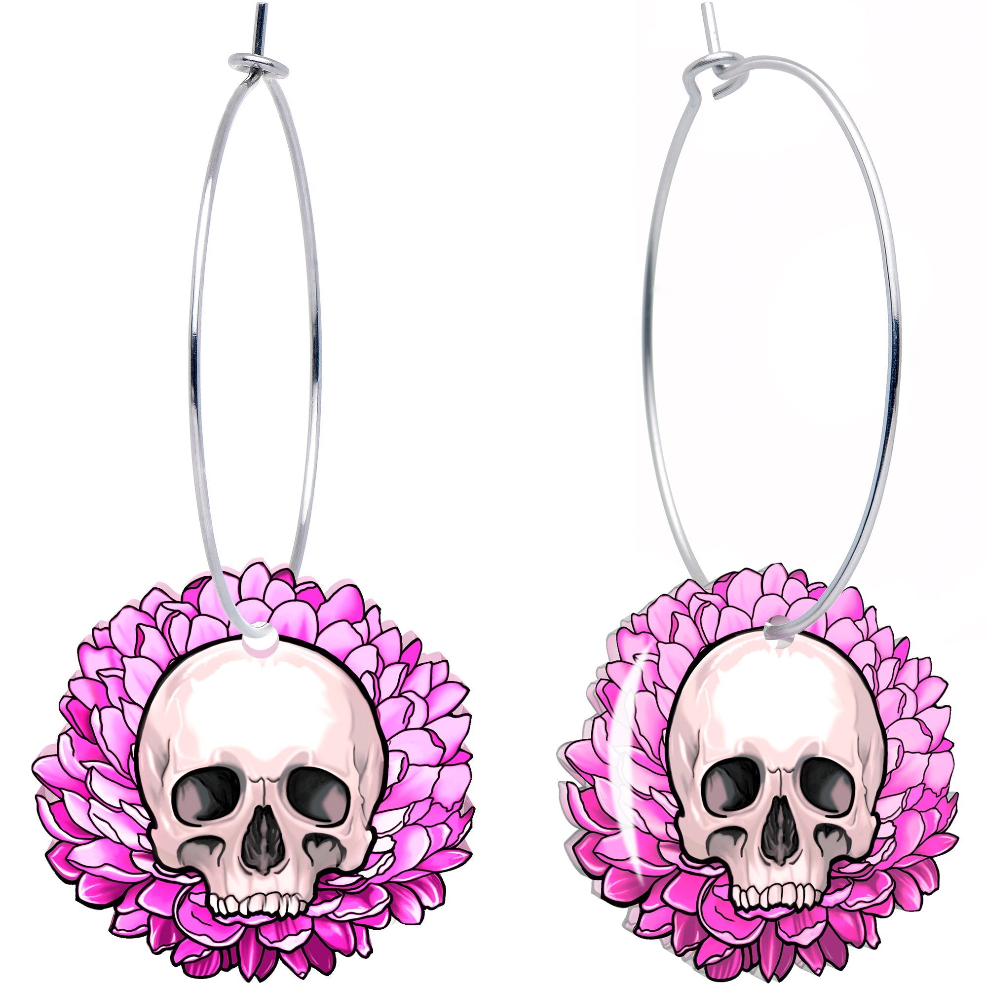 Blooming Pink Flower Skull Hoop Earrings