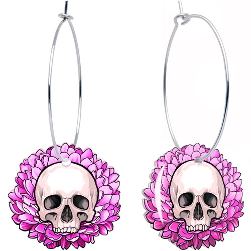 Blooming Pink Flower Skull Hoop Earrings