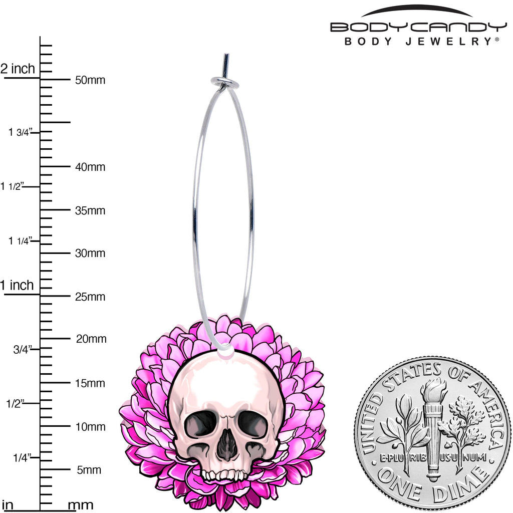 Blooming Pink Flower Skull Hoop Earrings