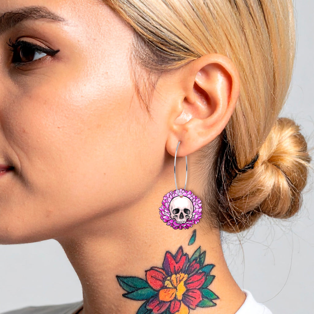 Blooming Pink Flower Skull Hoop Earrings