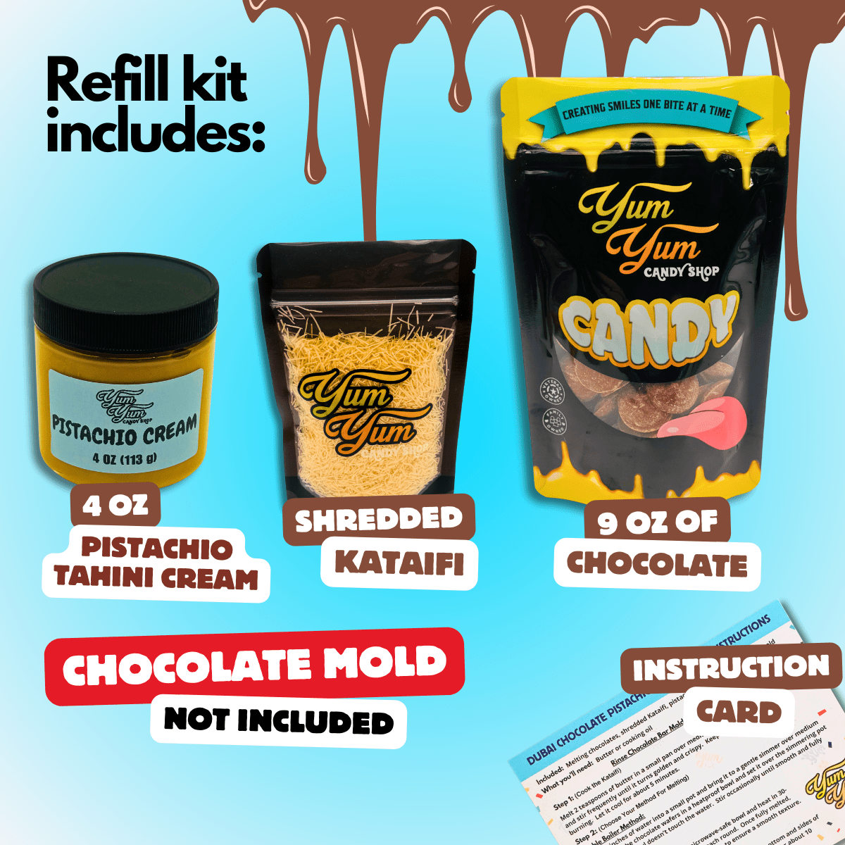 Dubai Chocolate Bar Refill Kit – Choose Your Chocolate (Mold Not Included) | Yum Yum Candy Shop