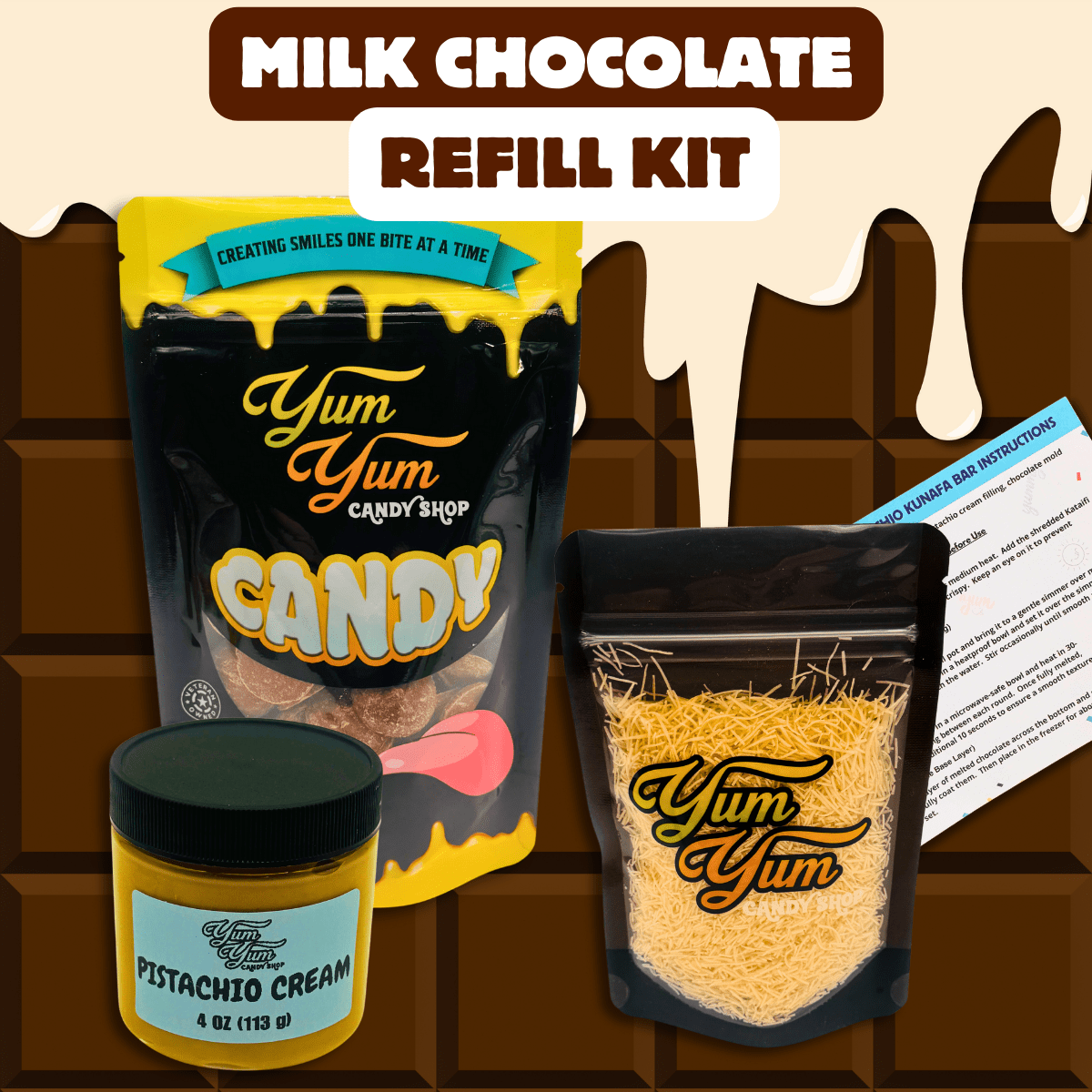Dubai Chocolate Bar Refill Kit – Choose Your Chocolate (Mold Not Included) | Yum Yum Candy Shop