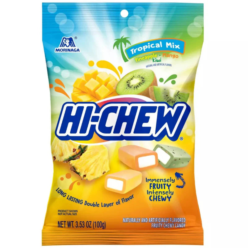 Morinaga Hi Chew Tropical Mix Bag Chewy Candy Kiwi, Pineapple, Mango Flavors, 3.53 oz