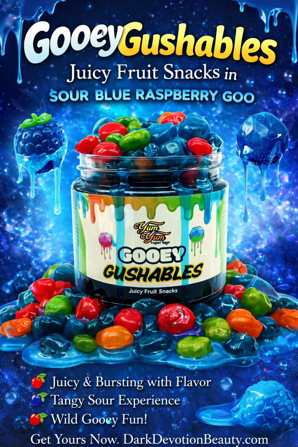 Gooey Gushables - Juicy Fruit Snacks in Sour Blue Raspberry Goo Jar