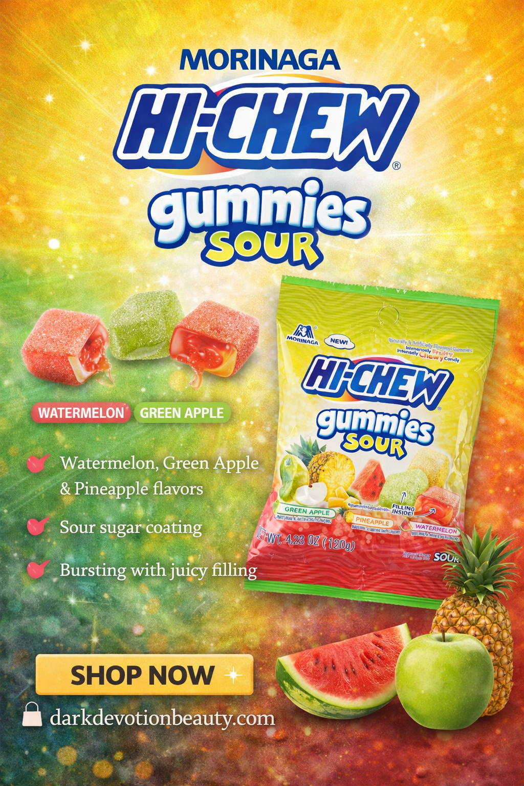Morinaga Hi-Chew Sour Gummies, Watermelon, Green Apple and Pineapple