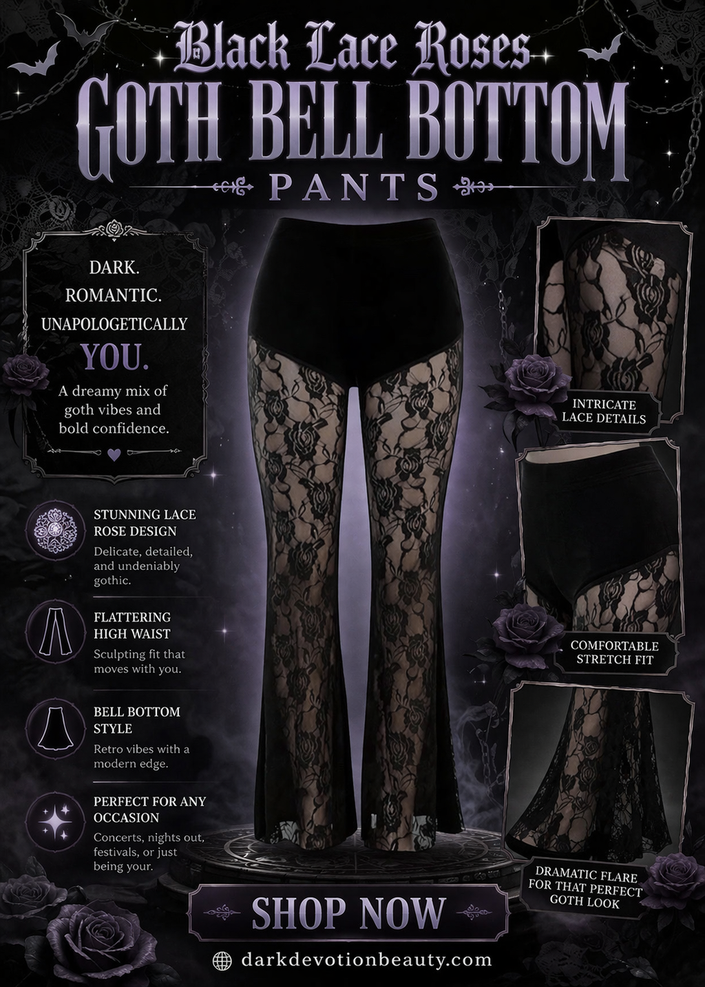 Black Lace Roses Goth Bell Bottom Pants