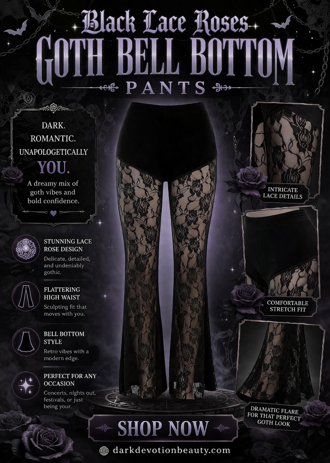 Black Lace Roses Goth Bell Bottom Pants