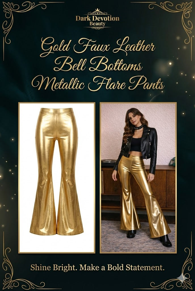 Gold Faux Leather Bell Bottoms Metallic Flare Pants
