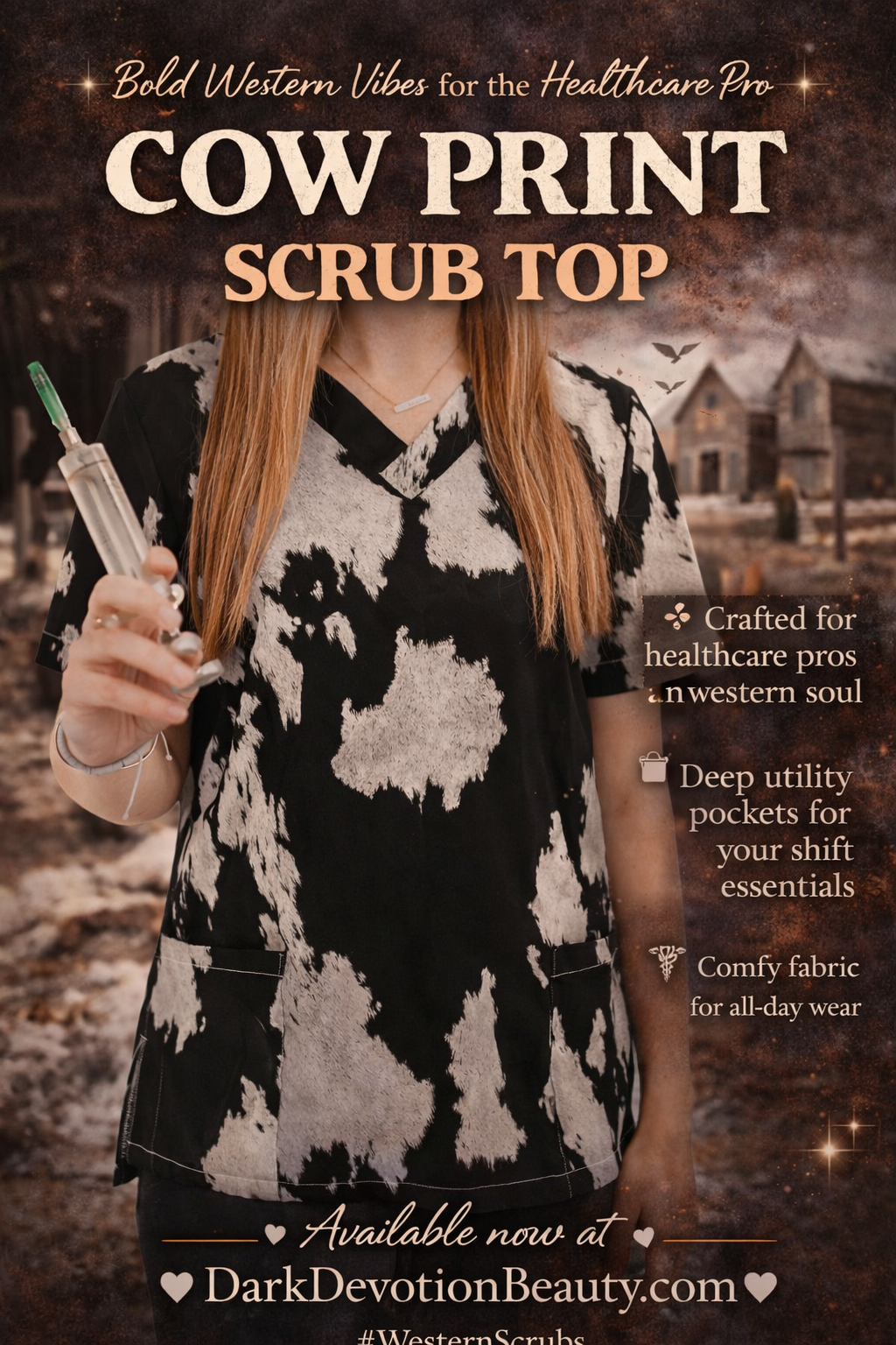 Cow Print Scrub Top