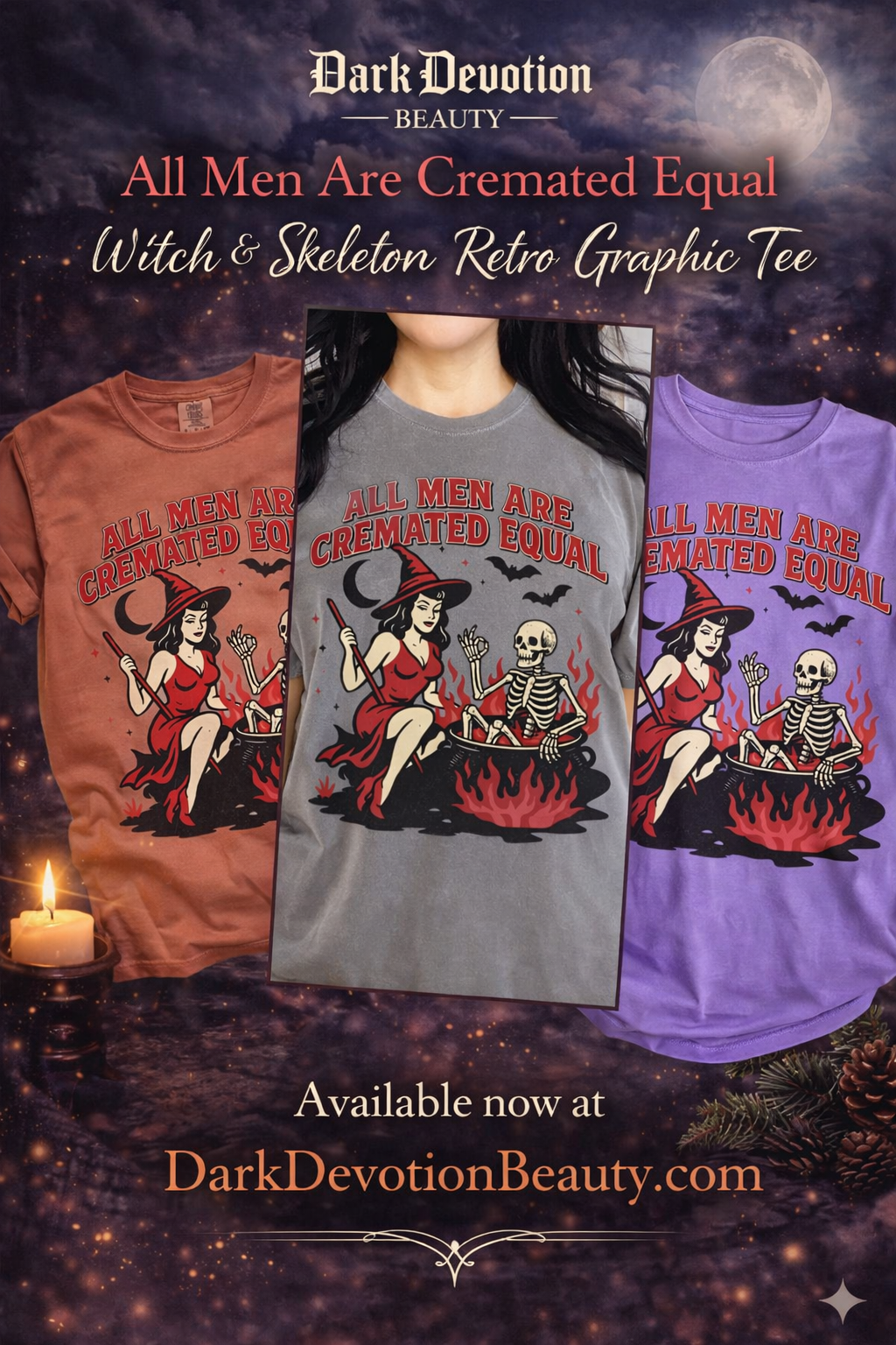 All Men Are Cremated Equal – Witch & Skeleton Retro Graphic Tee
