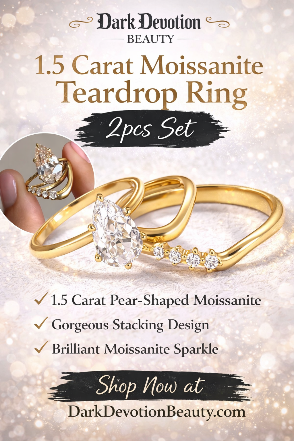 1.5 Carat Moissanite Teardrop Ring 2pcs Set