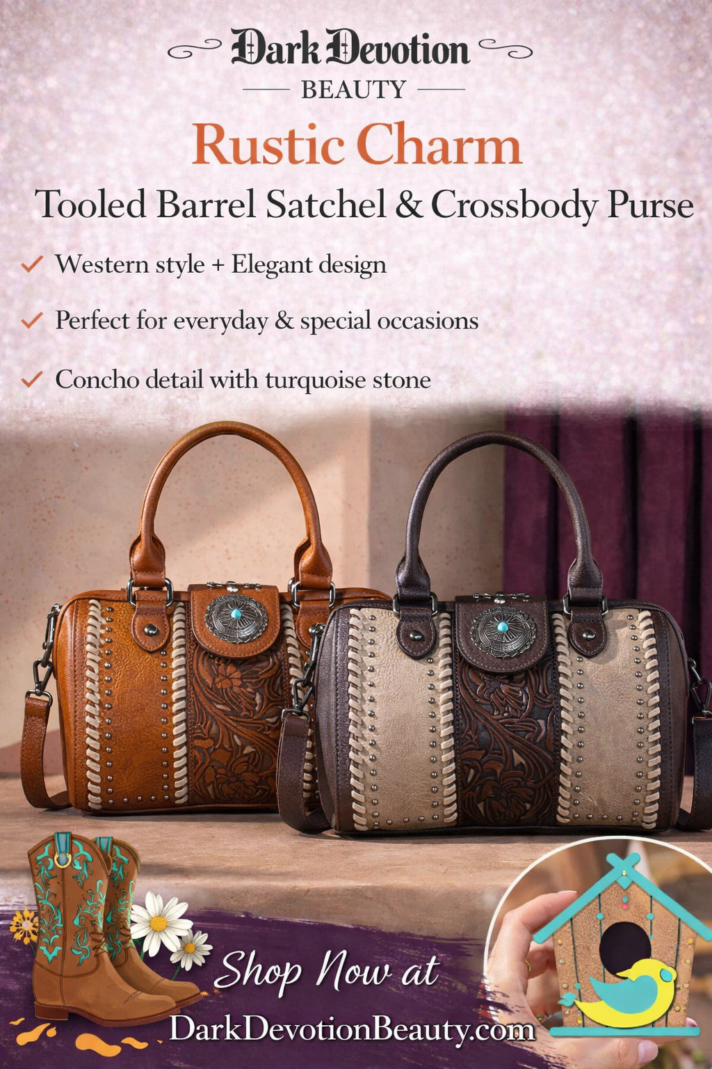 Rustic Charm Tooled Barrel Satchel & Crossbody Purse