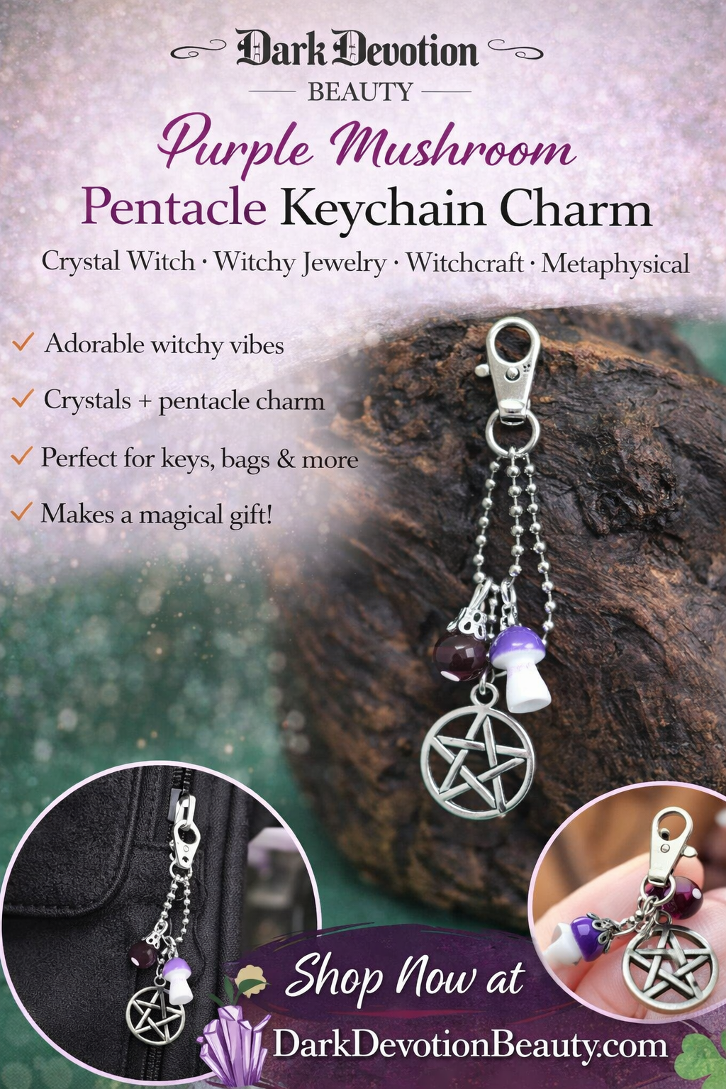 Purple Mushroom Pentacle Keychain Charm Zipper Pull Crystal Witch Witchy Jewelry Witchcraft Metaphysical