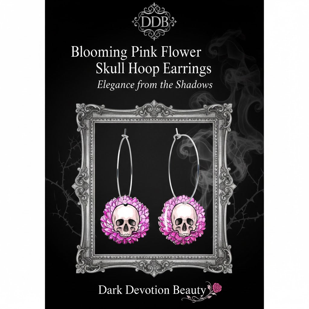 Blooming Pink Flower Skull Hoop Earrings