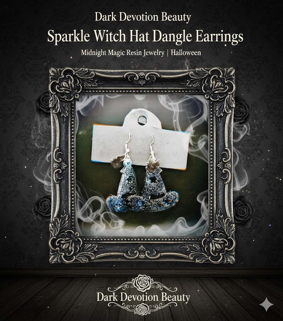 Sparkle Witch Hat Dangle Earrings | Midnight Magic Resin Jewelry | Halloween