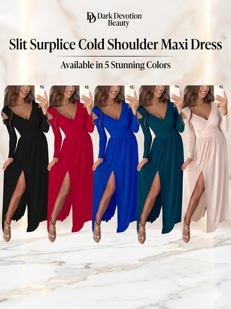 Slit Surplice Cold Shoulder Maxi Dress