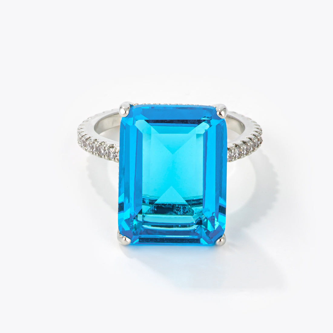 15Ct Rhodium Plated Aqua Blue Emerald Cut Pave Ring