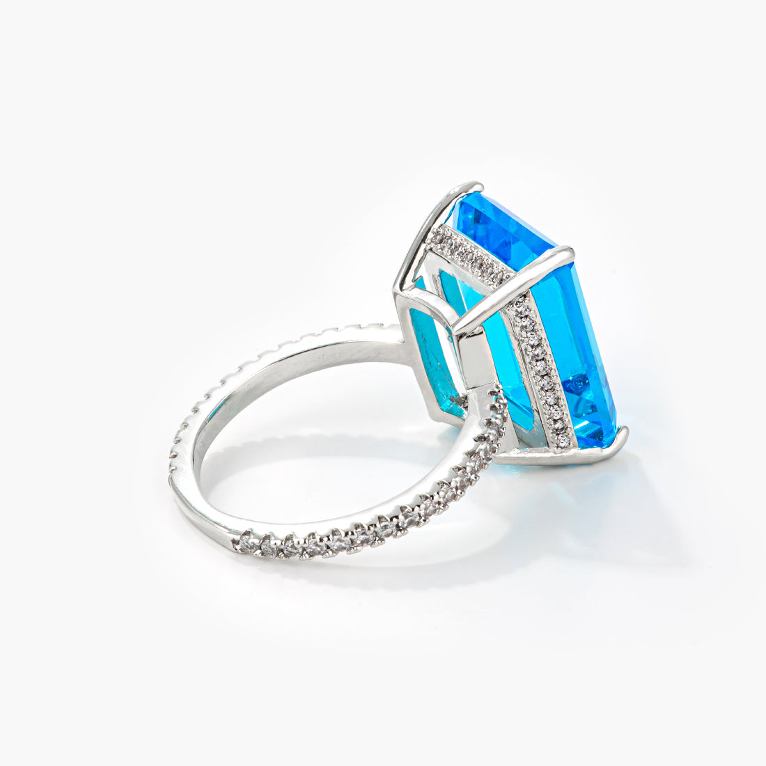 15Ct Rhodium Plated Aqua Blue Emerald Cut Pave Ring