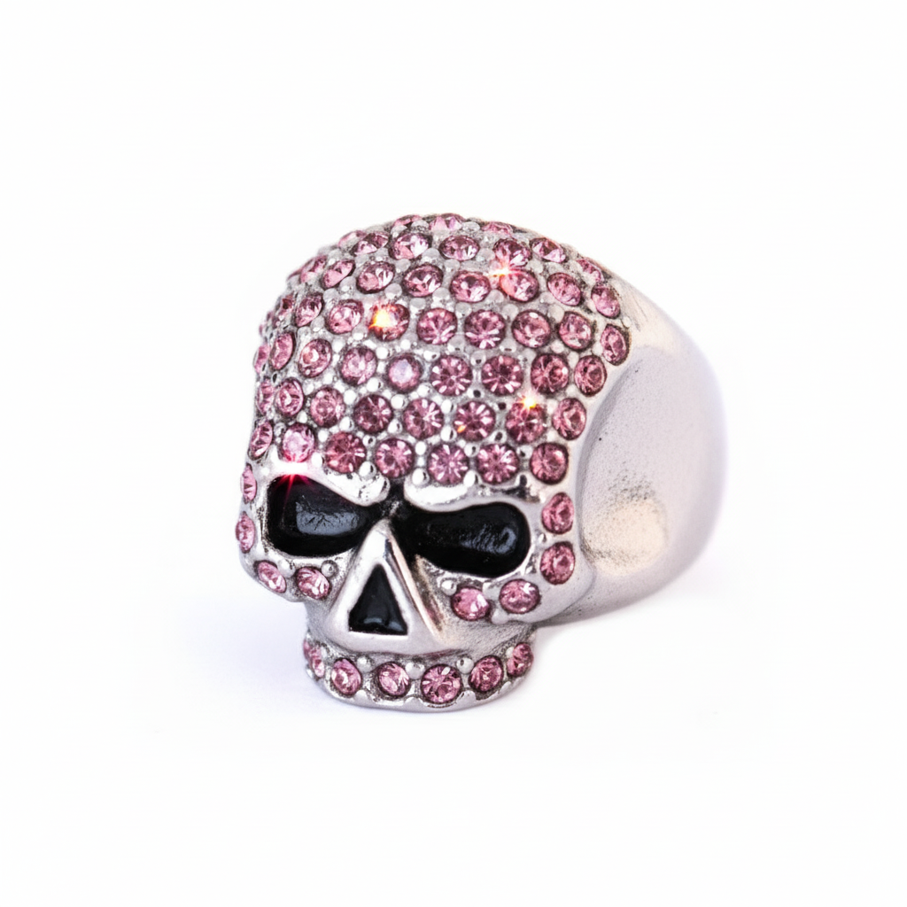 SK1075P Ladies Bling Skull Imitation Pink Diamond Ring Stainless Steel Motorcycle Jewelry Size 6-10