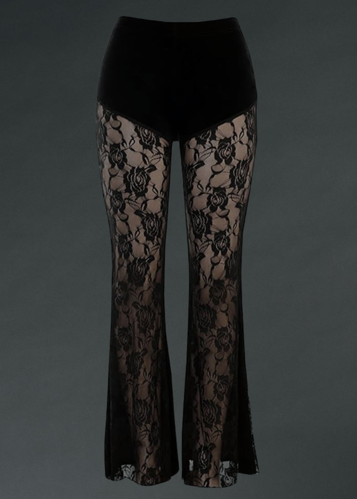 Black Lace Roses Goth Bell Bottom Pants