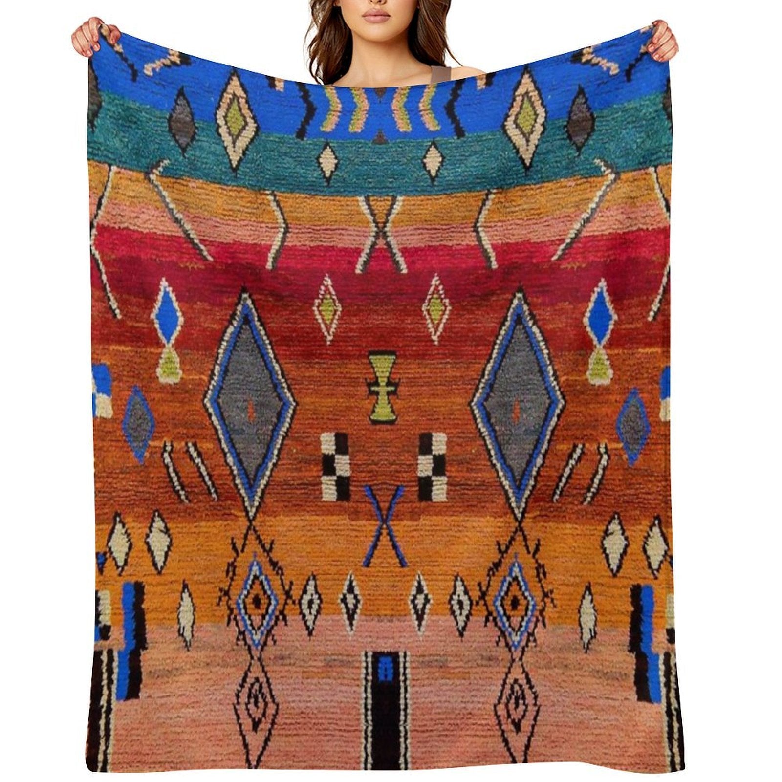 Heritage Traditional Multicolour Moroccan Rug Design Easy Care Throw Blanket