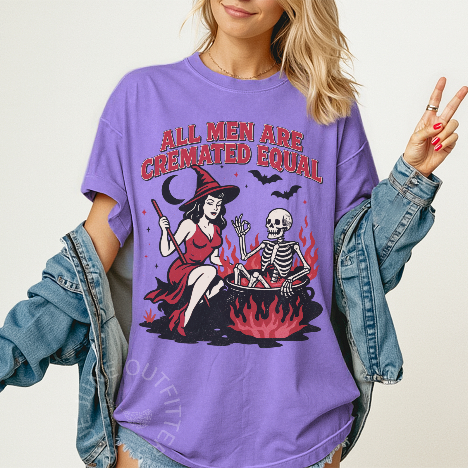All Men Are Cremated Equal – Witch & Skeleton Retro Graphic Tee