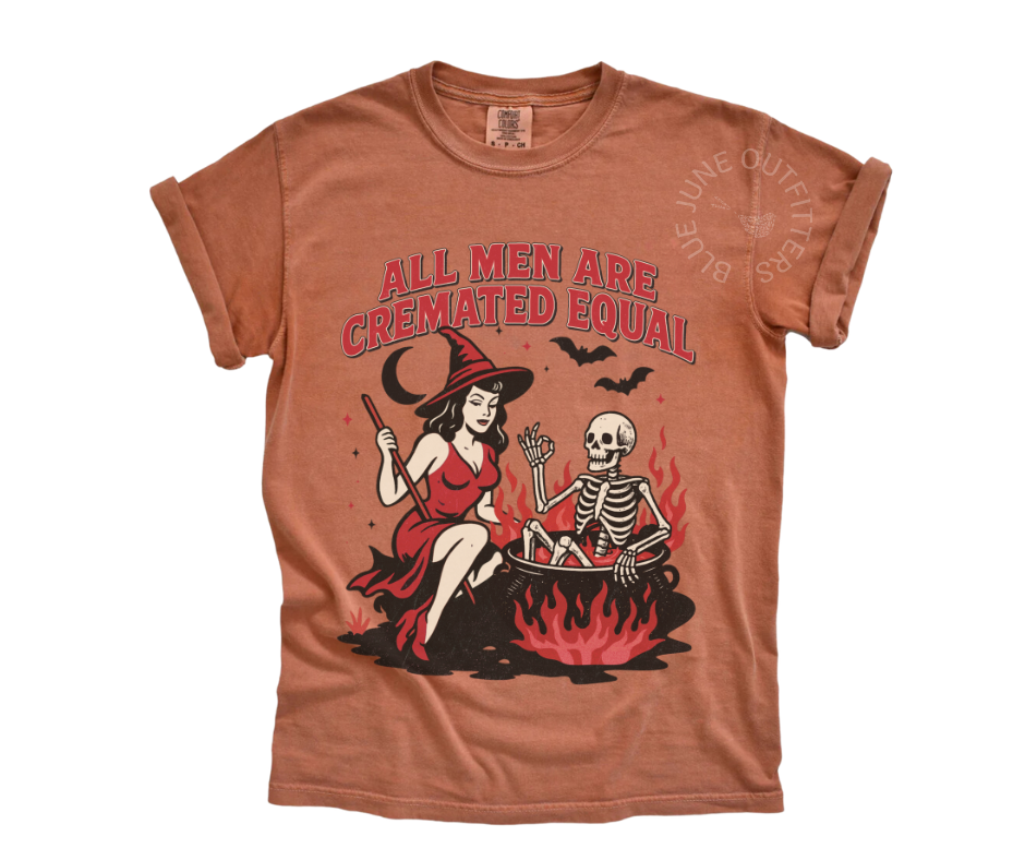 All Men Are Cremated Equal – Witch & Skeleton Retro Graphic Tee