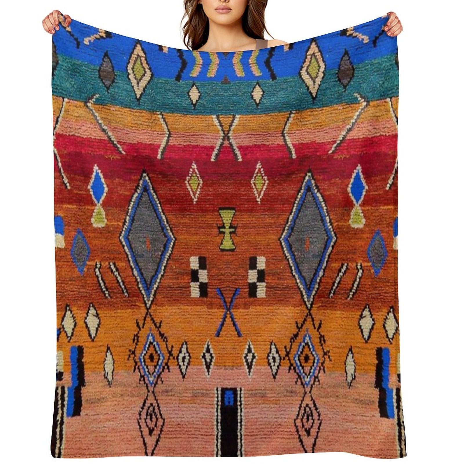 Heritage Traditional Multicolour Moroccan Rug Design Easy Care Throw Blanket