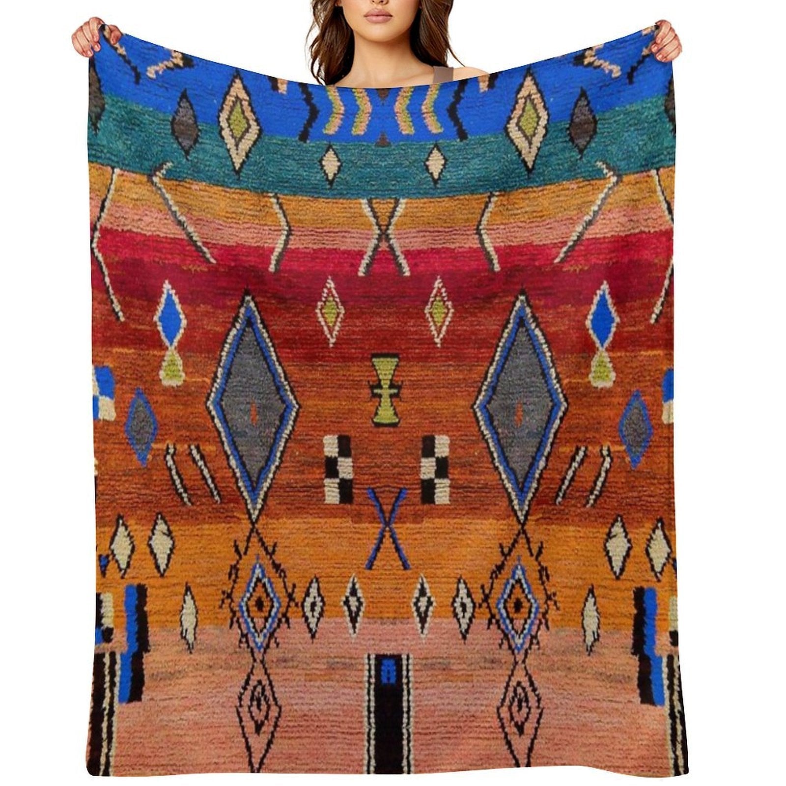 Heritage Traditional Multicolour Moroccan Rug Design Easy Care Throw Blanket