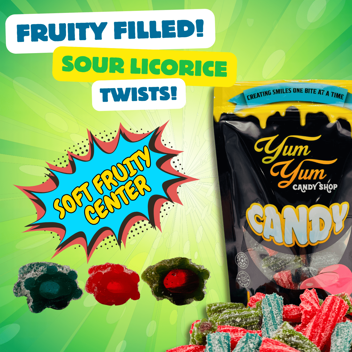 Fruit Filled Sour Licorice Twists – Watermelon, Strawberry & Blue Raspberry | Yum Yum Candy Shop