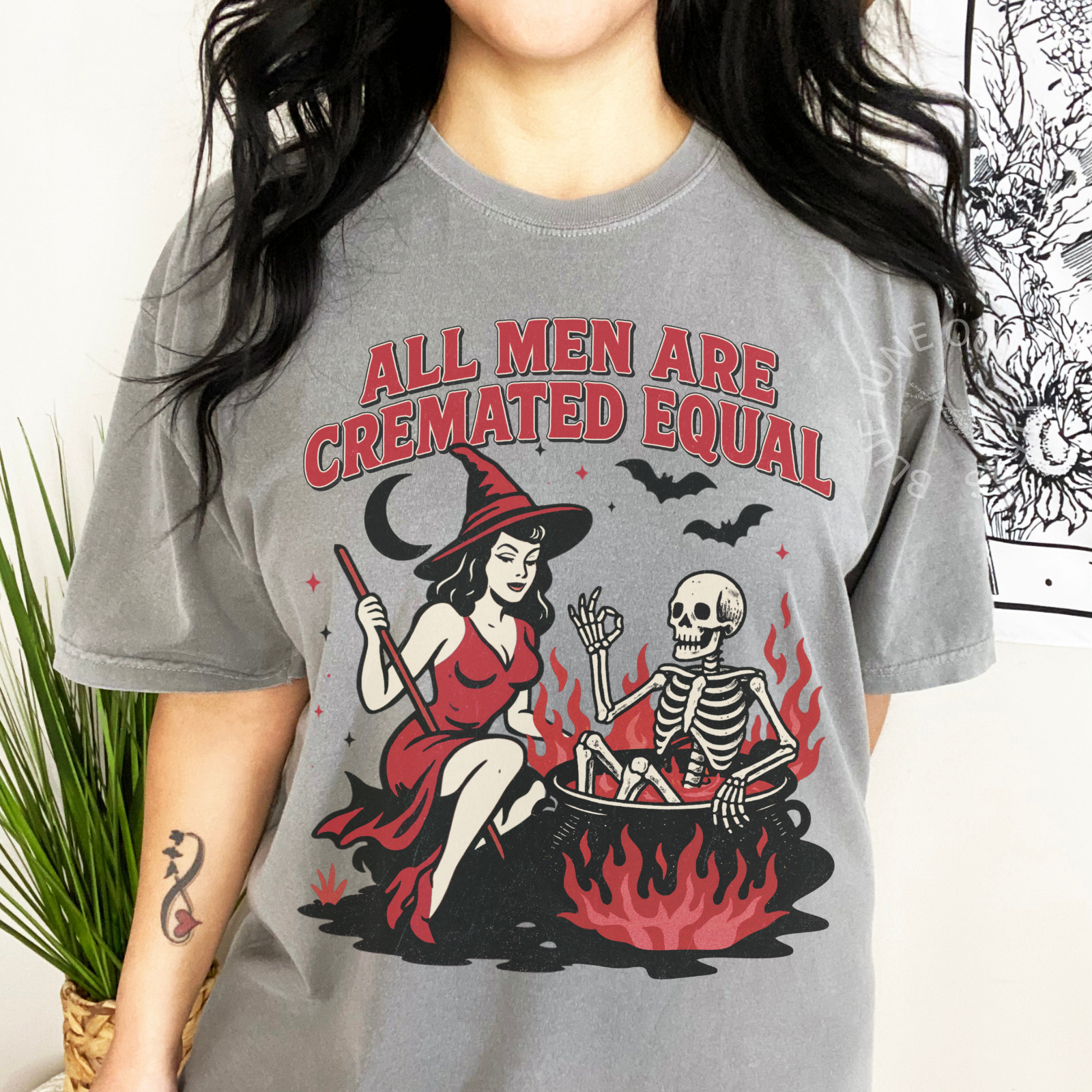 All Men Are Cremated Equal – Witch & Skeleton Retro Graphic Tee