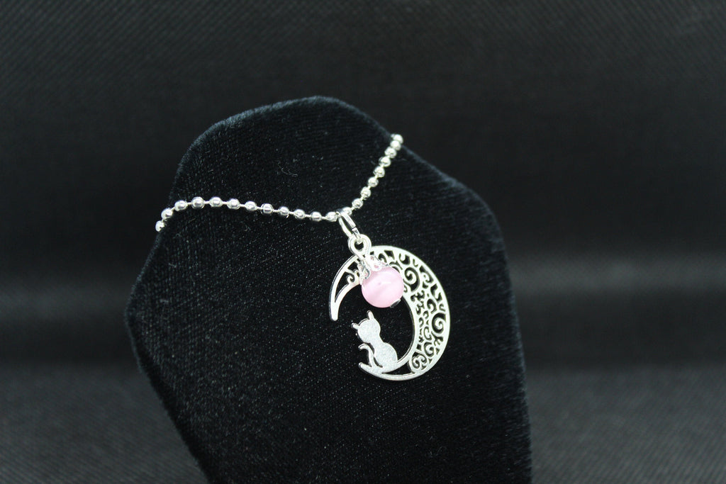 Pink Moon Cat Necklace Crystal Witch Witchy Jewelry Witchcraft Wicca Wiccan Pagan Metaphysical