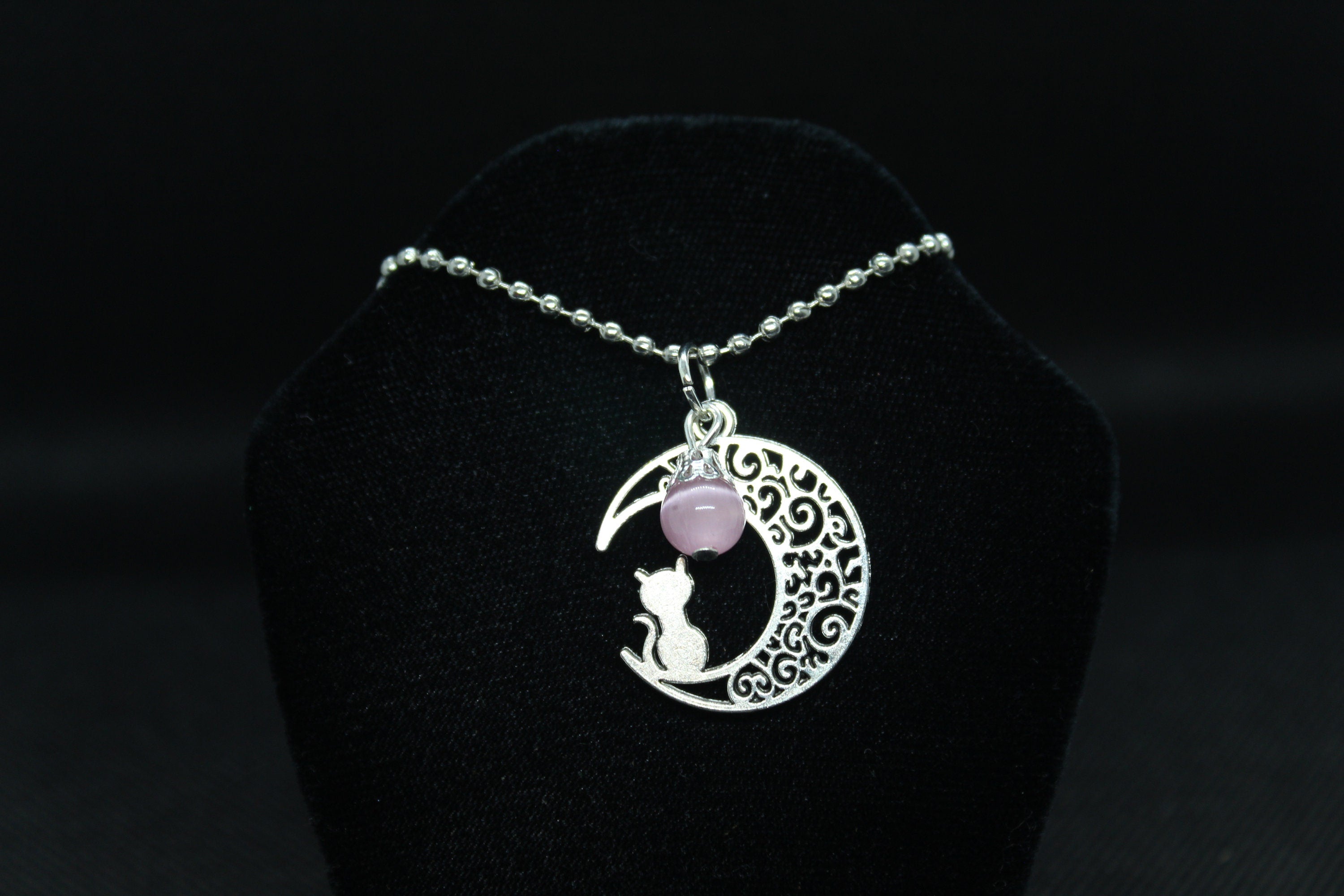 Pink Moon Cat Necklace Crystal Witch Witchy Jewelry Witchcraft Wicca Wiccan Pagan Metaphysical