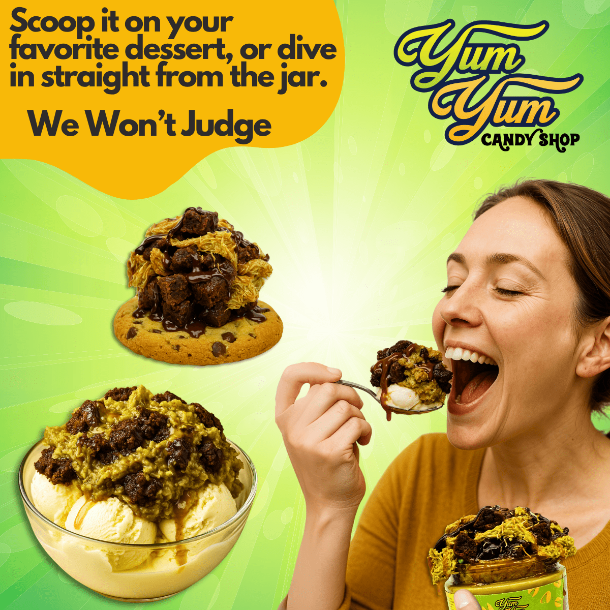 Pistachio Dubai Brownie Sundae – Chocolate Fudge & Pistachio Cream | Yum Yum Candy Shop