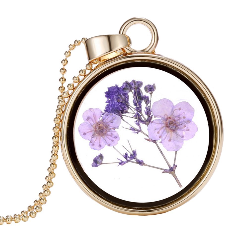 Real Dried Purple Flowers Necklace in Gold Glass Pendant