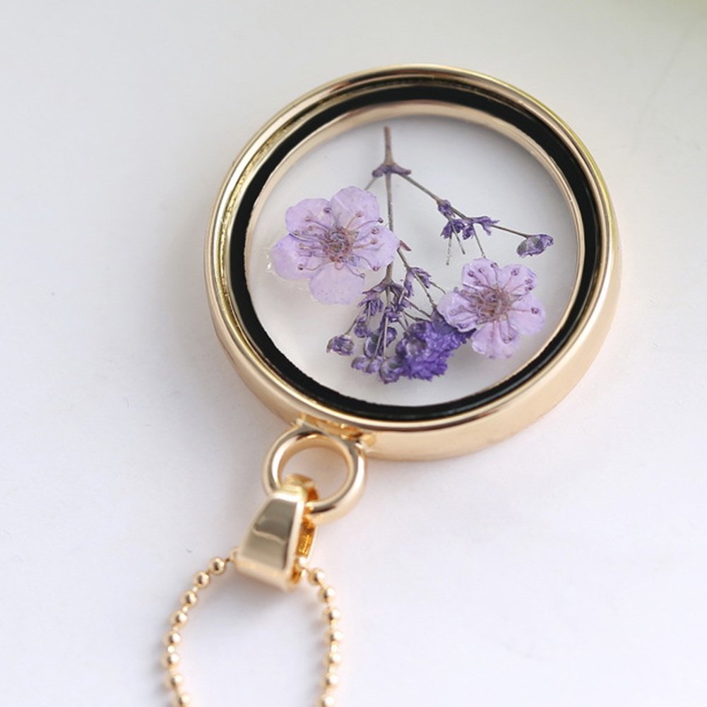 Real Dried Purple Flowers Necklace in Gold Glass Pendant