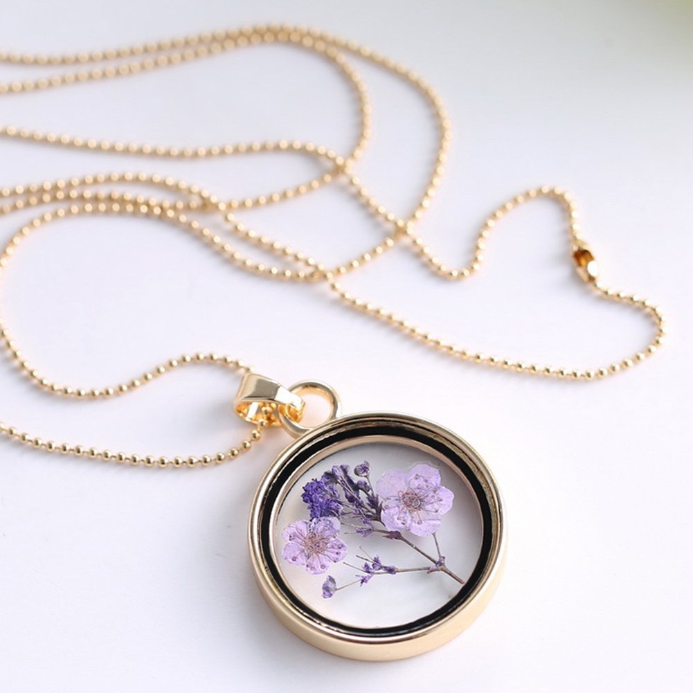 Real Dried Purple Flowers Necklace in Gold Glass Pendant