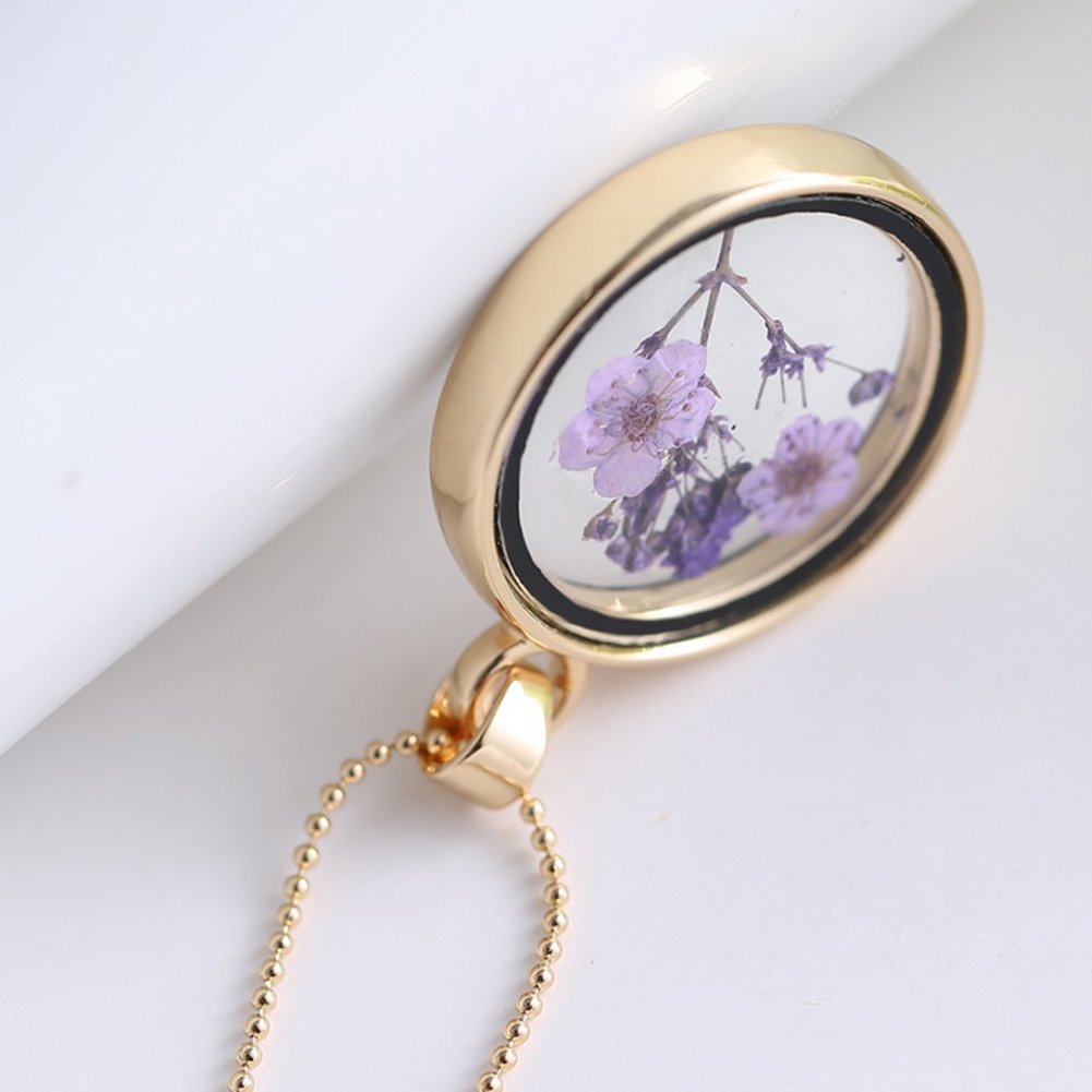 Real Dried Purple Flowers Necklace in Gold Glass Pendant
