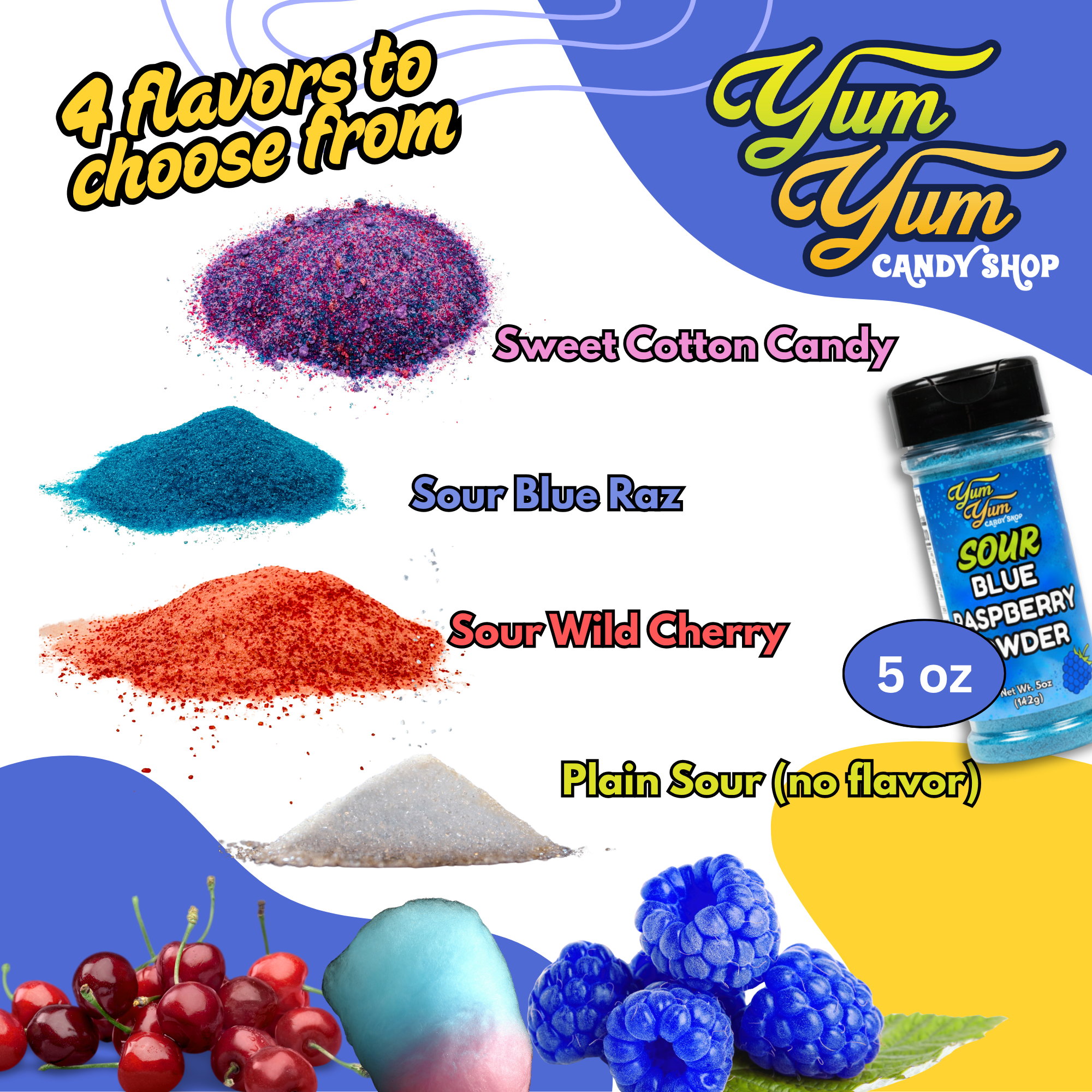 Sweet & Sour Candy Powder Shaker – Blue Raspberry, Cotton Candy, Wild Cherry & Plain