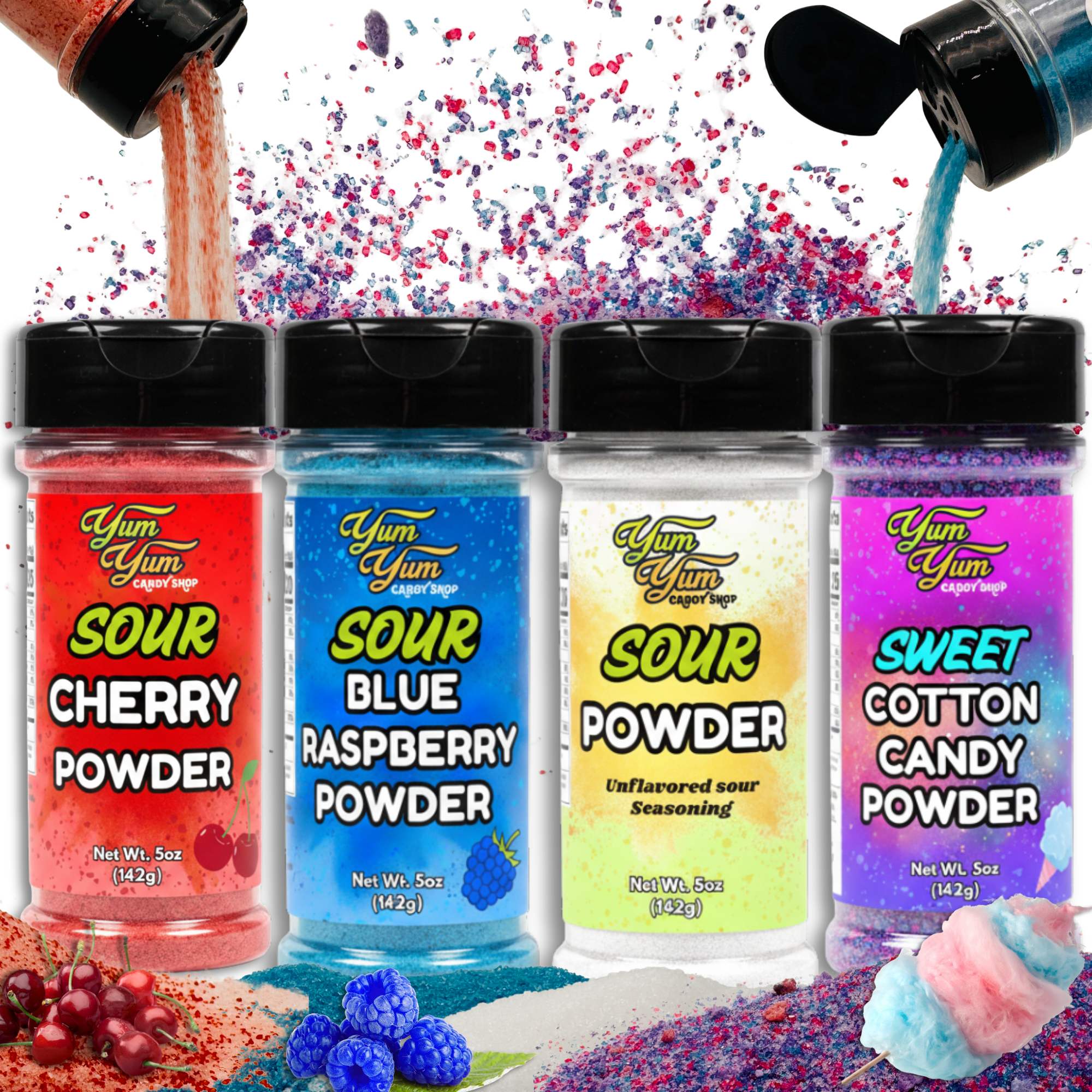 Sweet & Sour Candy Powder Shaker – Blue Raspberry, Cotton Candy, Wild Cherry & Plain
