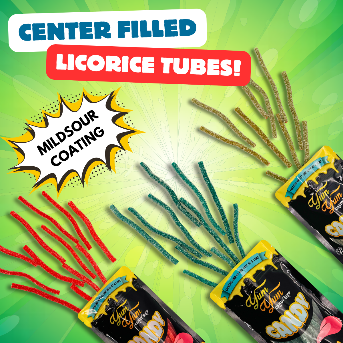 Center Filled Sour Licorice Tubes – Blue Raspberry, Strawberry & Watermelon | Yum Yum Candy Shop