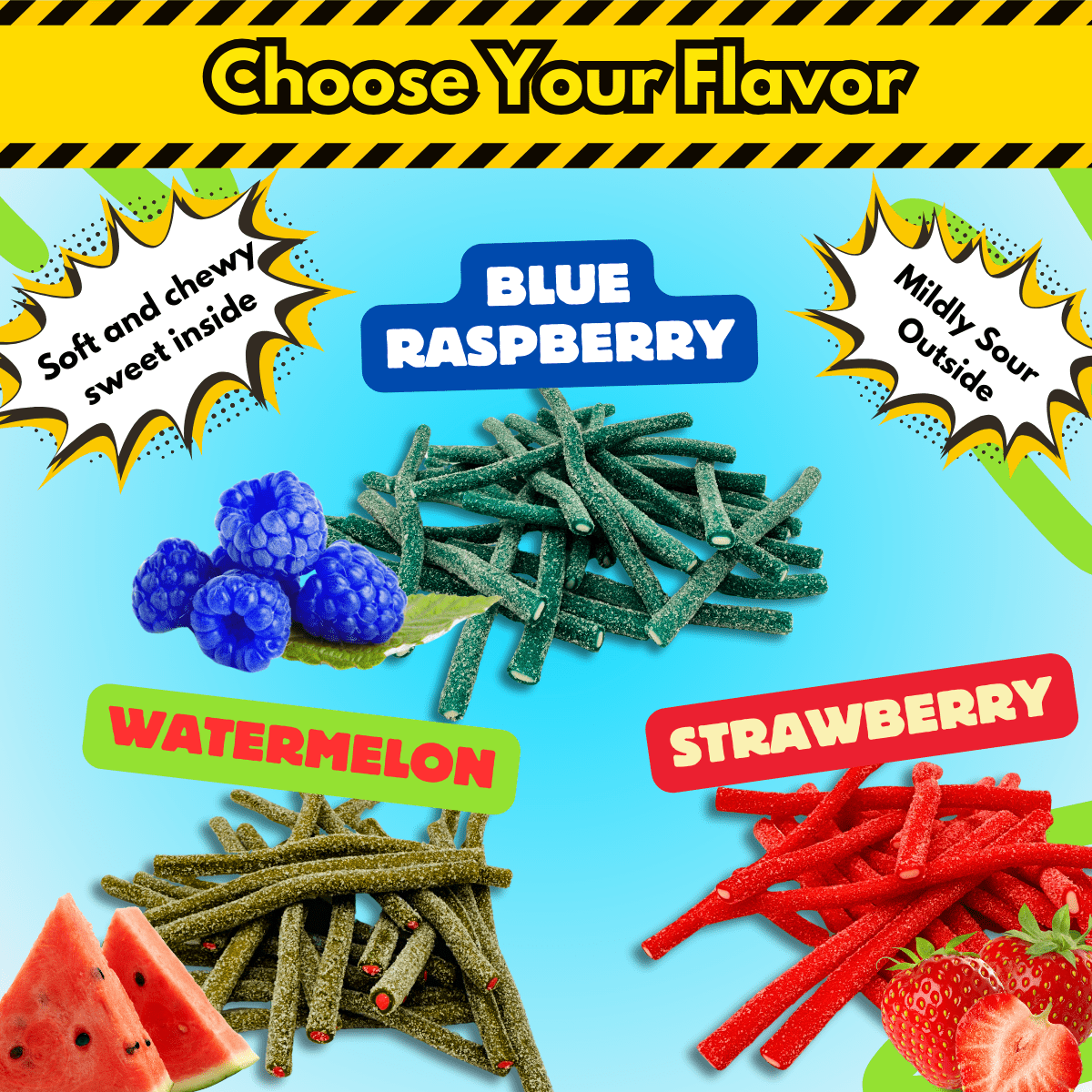 Center Filled Sour Licorice Tubes – Blue Raspberry, Strawberry & Watermelon | Yum Yum Candy Shop