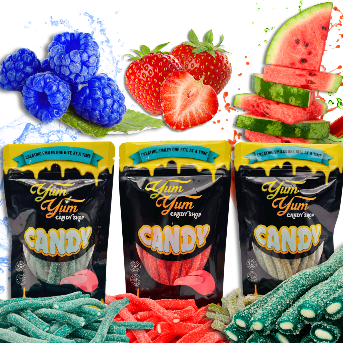 Center Filled Sour Licorice Tubes – Blue Raspberry, Strawberry & Watermelon | Yum Yum Candy Shop