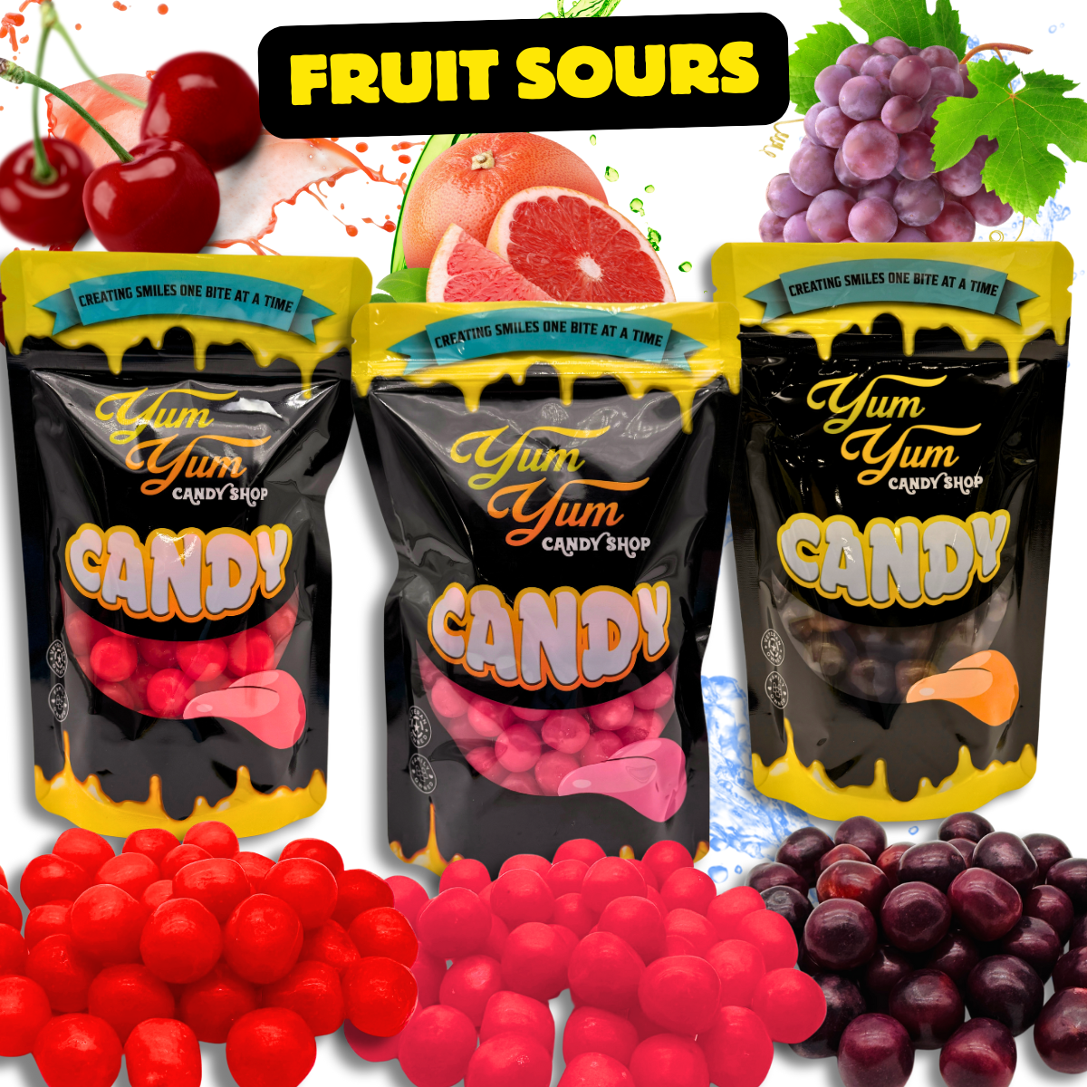 Sweet Fruit Sours – Cherry, Grape, Pina Colada & Grapefruit Chewy Candy | Yum Yum Candy Shop